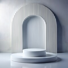 empty white podium White round podium with white translucent back on gray background. Empty space to showcase your innovation product. Three dimensional