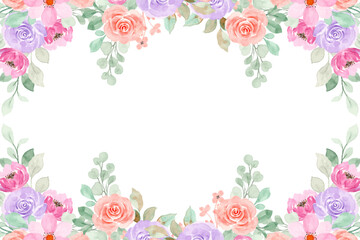 Watercolor flowers background for design pastel color. Floral border frame card template.