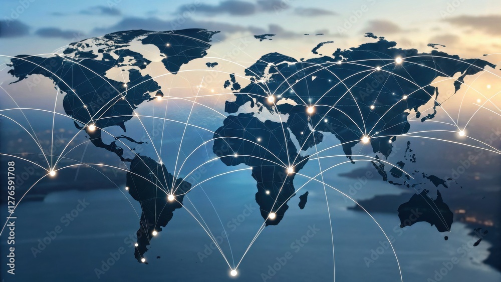 Poster A digital world map with network connections symbolizing global communication and technology.