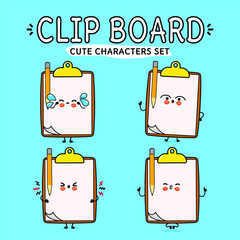Cute character clipboards with expressive faces and playful emotions in a colorful design
