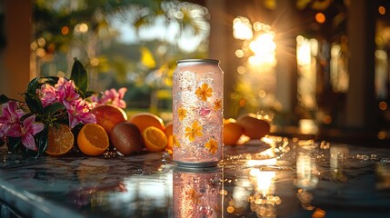 Refreshing beverage can surrounded by fruits and flowers at sunset by a poolside