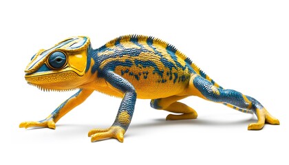 Obraz premium A striking chameleon displays a bold pattern on a white background