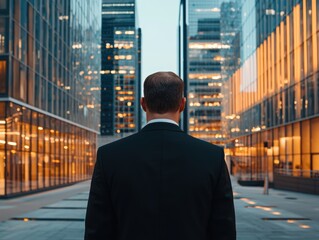 Fototapeta premium Confident businessman walking in the city, stylish suit, corporate background, success and ambition theme, cinematic lighting