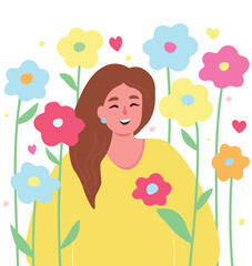 Happy woman surrounded by flowers and butterflies. Joyful romantic girl in the summer in nature. Vector flat graphics.
