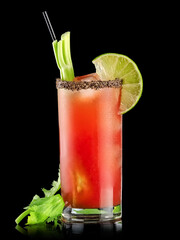 Caesar Drink cocktail on black background, studio shot.