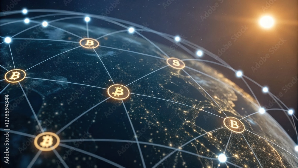 Leinwandbilder digital network showcasing bitcoin connections around a globe with cosmic elements.