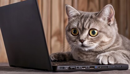 Curious cat with an unexpected expression, staring at a laptop screen as if discovering something unbelievable, soft indoor lighting, ultra-realistic