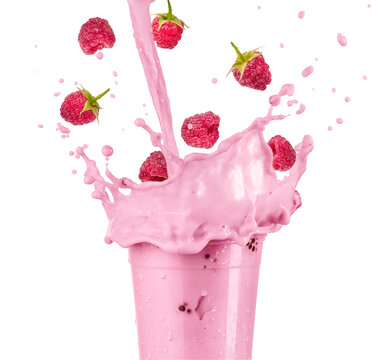 Raspberry smoothie splash, close up on white background, studio shot