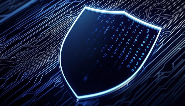 Cybersecurity firewall with a glowing shield and binary code overlay, futuristic data protection concept, deep blue tech aesthetic, ultra-HD