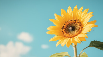 Obraz premium A bright sunflower in full bloom, petals open wide, resembling a cheerful smile, with a softly blurred blue sky in the background and copy space on the left