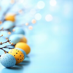 Fototapeta premium Easter composition - eggs painted in pastel colors, feathers, plants and decor laid out on the table in anticipation of the holiday