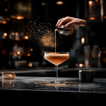 Maestro coctelero vierte suavemente licor en copa en un bar elegante por la noche