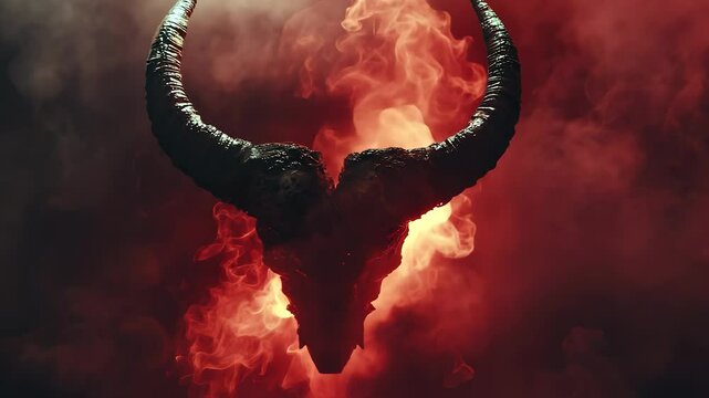 A demon head with flames coming out of it. Horns and red bulls on a red bull background. A fire glares through the marble pattern. A demonic face emitting lifestyle flames.