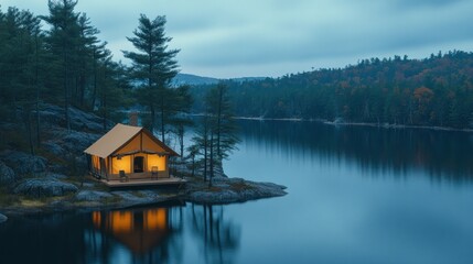 Obraz premium Lakeside cabin at dusk, serene forest, tranquil lake. Possible use travel, vacation, nature