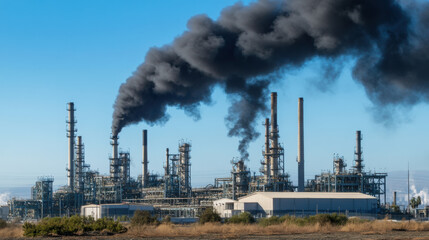 Industrial refinery complex releasing dense black smoke into the clear blue sky, highlighting pollution issues and the impact of fossil fuels on the environment.
