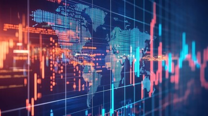 Fototapeta premium Digital map with global data visualizations and stock market graph overlays