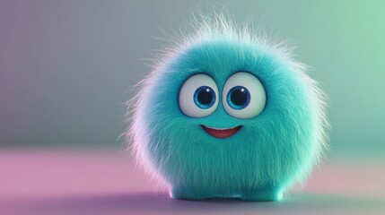 Fototapeta premium Fluffy blue cartoon character with big eyes smiling