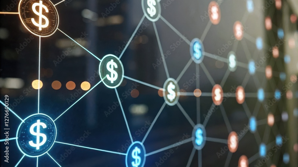 Poster digital dollar network showcasing interconnected financial symbols and technology.