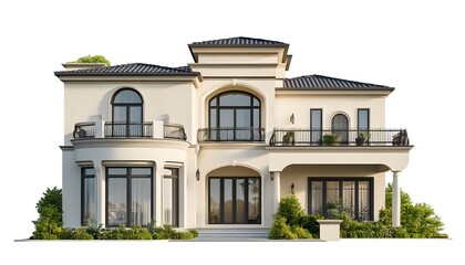 Fototapeta premium Elegant cream colored two story mediterranean style house facade