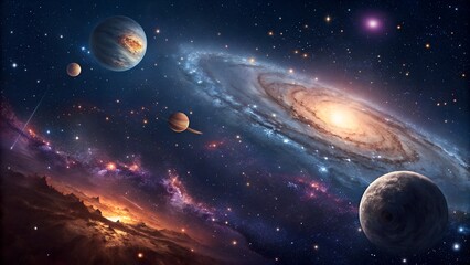 Stunning Cosmic Scene with Planets and Spiral Galaxy