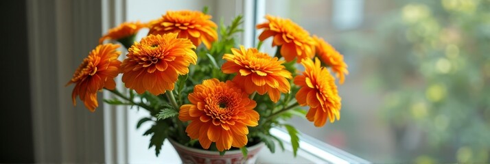 Vibrant orange gerbera daisies in a decorative vase by a sunlit window