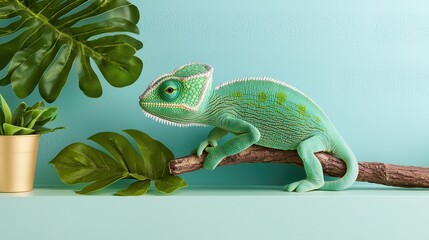 Obraz premium Colorful Chameleon on Branch Surrounded by Tropical Greenery