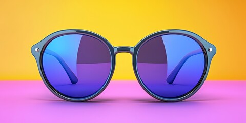 Stylish round sunglasses with vibrant purple lenses against a bright yellow and pink background, creating a trendy summer vibe.