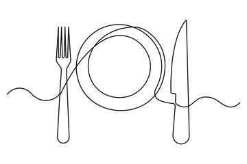 Continuous one line drawing of knife and fork outline art illustration isolated on white background
