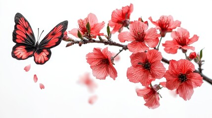 Beautiful Butterfly and Cherry Blossom Branch on a Light Background