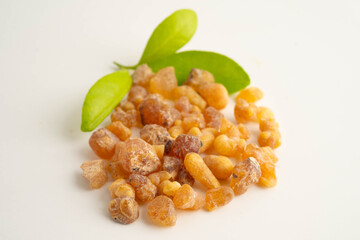Frankincense or olibanum aromatic resin used in incense and perfumes.