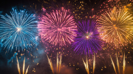 Fototapeta premium Colorful and Vibrant Fireworks Display Illuminating the Night Sky in a Spectacular Celebration of Light and Joyful Festivity