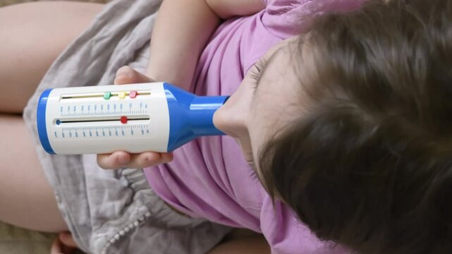 Girl using peak flow meter for lung function test while sitting on couch, holding device with hand. Respiratory health monitoring, asthma check.