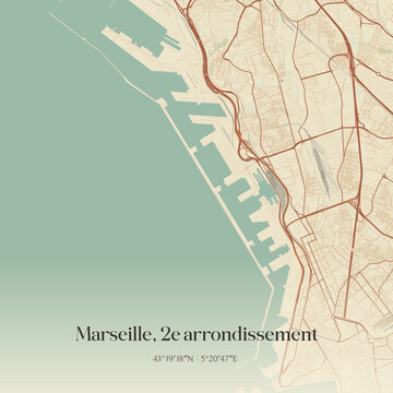 Vintage map of Marseille, 2e arrondissement, France.