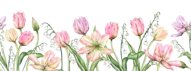 Seamless banner of light Pastel colors bud Tulips and lily of the valley. Watercolor illustration isolated on background. Hand drawn delicate spring flower for spring wedding design or border