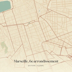 Vintage map of Marseille, 6e arrondissement, France.