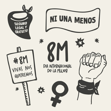 8M editable, dia internacional de la mujer, doodles, iconos, marcha, manifestacion