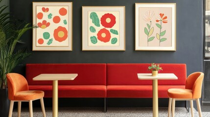 Red Velvet Booth Seating with Abstract Floral Artwork in Modern Cafe Interior
