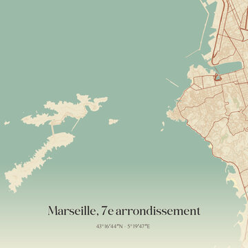 Vintage map of Marseille, 7e arrondissement, France.