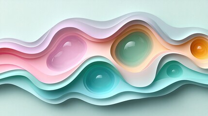 Fototapeta premium Abstract colorful waves with glossy droplets on a soft pastel background, creating a serene atmosphere