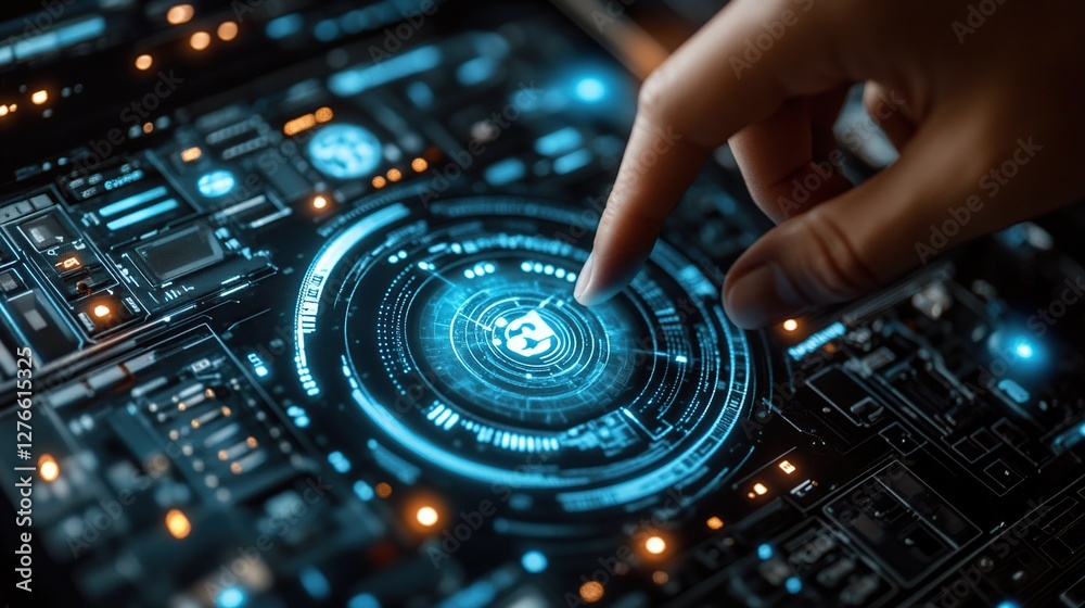 Aufkleber futuristic hand interacting with a high-tech digital interface displaying intricate data patterns