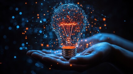Fototapeta premium Hands holding a glowing light bulb made of particles, symbolizing creativity and innovation in a dark setting
