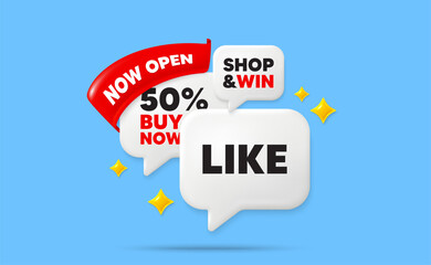 Like speech bubbles. Now open flag ribbon. Like tag. Social media message. Favorite or Awesome notification. Discount chat bubbles with 3d sparkles. Vector
