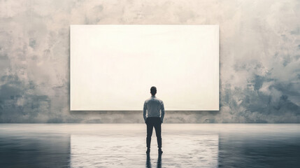 A contemplative man stands in a vast gallery space, gazing at a large blank canvas, immersed in thoughts about art, creativity, and inspiration in a serene environment.