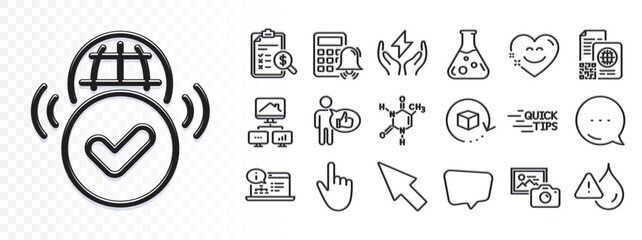Chemistry lab, Online documentation and Accounting report line icons for web app. Glare of light effect. Message icon. Pack of Smile chat, Safe energy, Qr code pictogram icons. Vector