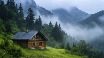 Serene Wooden Cabin Nestled in Lush Green Valley Surrounded by Majestic Mountains and Misty Fog, Evoking Tranquility and Nature's Beauty in a Scenic Landscape