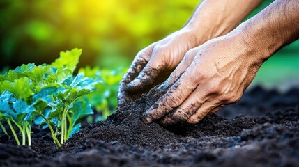 Closeup view of hands of gardener working in field planting flowers.