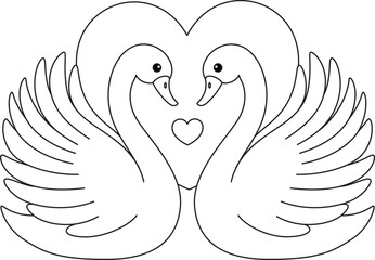 Couple of swans and heart shape, Valentine's coloring page © Saly