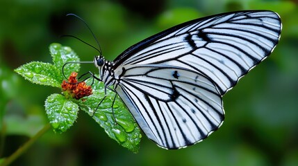 Fototapeta premium Beautiful Black and White Butterfly on Green Leaf with Dew Drops