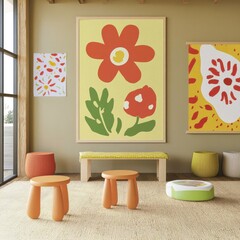 Vibrant Floral Wall Art with Modern Children s Furniture in Playroom