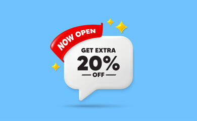 Extra discount ribbon speech bubble. Now open flag ribbon. Get Extra 20 percent off Sale. Discount offer price sign. Special offer symbol. Save 20 percentages. 3d sparkle stars speech bubble. Vector